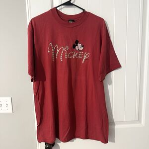 Vintage Mickey Mouse Velva Sheen Embroidered T-Shirt Made in USA Size XL Red